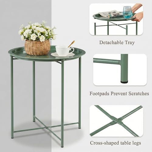VECELO Side/End Table, Folding Round Metal Anti-Rust and Waterproof Outdoor or Indoor Tray for Living Room Bedroom Balcony and Office, 2 PCS, Dark Green