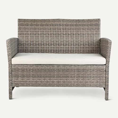 Amazon Basics Outdoor Patio Loveseat, 2-Seat Wicker Couch with Beige Cushions, Weather-Resistant
