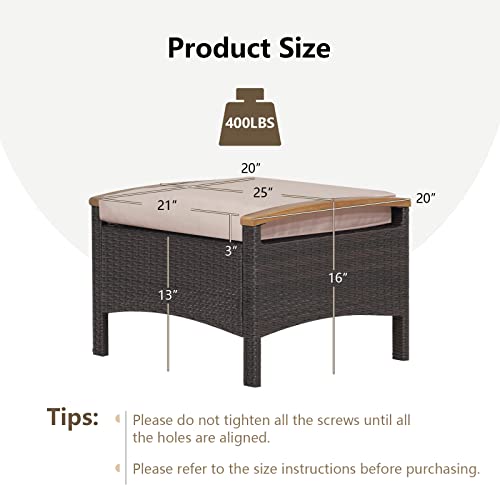 RELAX4LIFE Outdoor Wicker Ottomans for Patio - 2 Pieces PE Rattan Ottoman, Footrest Seat with Zippered Cushions, Acacia Wood Handles, 3-in-1 Footstool, Side Table for Poolside, Backyard (Brown)