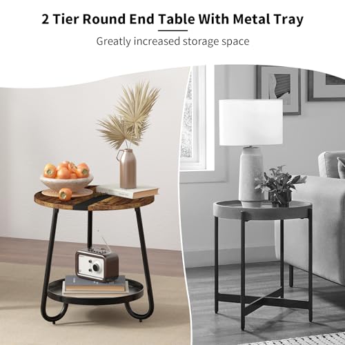 MOFAIN 2 Tier Coffee Table in Living Room, Industrial Style Round Coffee Table with Metal Tray, Wood Small Outdoor Coffee Table for Bedroom Balcony Patio, Rustic Brown