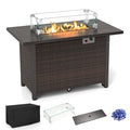 Tangkula Outdoor Propane Fire Pit Table, 42 Inch Rectangular Rattan Fire Table with Wind Guard & Glass Rocks, 50,000 BTU Smokeless Gas Fire Pit for Outside Patio (Brown)