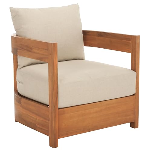 SAFAVIEH Outdoor Patio Furniture Collection - Kento Natural Wood Arm Chair Set of 2 with Taupe Cushions, Wide & Deep Comfortable Seating, Modern Design (PAT7097A)