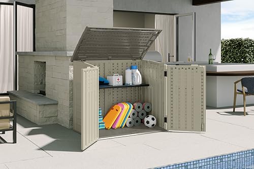 Suncast 34 Cu Ft Horizontal Resin Storage Shed - Outdoor Storage Shed with Floor Included, Lockable, Weatherproof, Fits Small to Medium Trash Cans, Generators, & Garden Tools, Vanilla Stoney