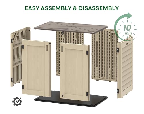 IWDOO Outdoor Storage Shed, 30 Cu Ft Waterproof Horizontal Resin Storage Cabinet, Weather-Resistant Garden Shed Trash Can Storage with Pad-Lockable Doors for Backyards (Khaki)