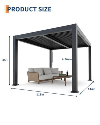 Garveelife All-Aluminum Louvered Pergola 10 ft x 12 ft, Outdoor Pergola with Adjustable Louvered Roof, Reinforced Aluminum Frame, Integrated Drainage System, Hardtop Gazebo for Patio, Deck, Gray