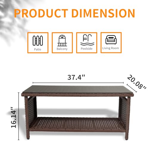 VINGLI Outdoor Wicker CoffeeTable Patio Coffee Tables for Outside, Tempered Glass Top Wicker Table with Storage Coffee Table for Patio Balcony Porch Deck (Brown)