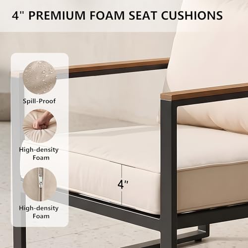 Xiacare Modern Patio Furniture Set, 4 Pieces Outdoor Conversation Set with Coffee Table, Metal Patio Furniture with 4" Washable Foam Cushions, Ships in 1 Box, Beige