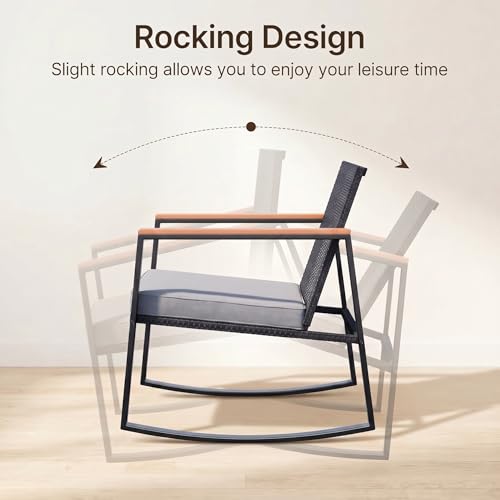 Gizoon 3 Pieces Rocking Patio Bistro Set with Anti-Scald Armrest, Outdoor Patio Wicker Furniture Set with Glass Table and Cushion for Garden, Yard, Porch