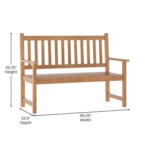 Flash Furniture Adele Commercial Indoor/Outdoor Acacia Wood Bench, 2-Person Slatted Patio Loveseat, for Use in Yard, Garden, Porch, or Park, Brown