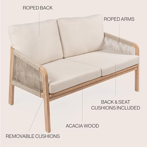 JONATHAN Y Arwen Bohemian Acacia Wood Outdoor Loveseat, 2-Seater Patio Sofa Bench with Woven Rope Details and Thick Cushions for Porch, Balcony, Backyard, 49" W, Light Teak/Beige SFB1001A