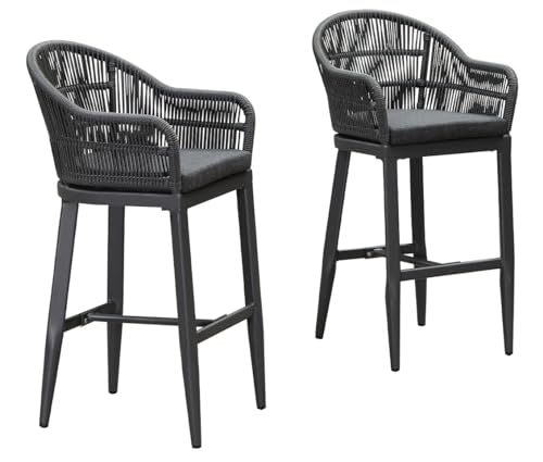 PURPLE LEAF Outdoor Bar Height Stools Set of 2 Patio Metal Modern Wicker Rattan Bar Chairs Woven Aluminum Barstools with Back and Cushions for Balcony Garden Indoor Kitchen Outside Gray