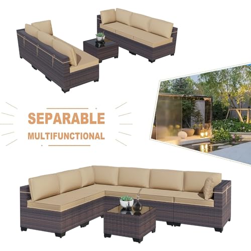 Kullavik 12PCS Outdoor Patio Furniture Set,PE Wicker Rattan Sectional Sofa Patio Conversation Sets with Tempered Glass Table,Swivel Rocking Chairs Set,Sand