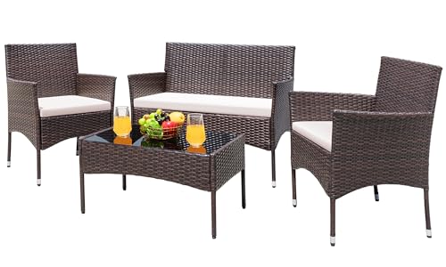 Greesum Patio Furniture 4 Pieces Conversation Sets Outdoor Wicker Rattan Chairs Garden Backyard Balcony Porch Poolside loveseat with Cushion and Glass Table, Brown and Beige