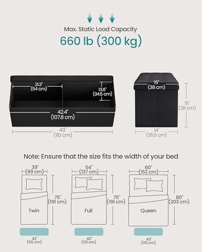 SONGMICS MAZIE Collection - 43 Inches Folding Storage Ottoman Bench, Ottoman with Storage, Foot Rest Stool, Load 660 lb, for Living Room, Synthetic Leather, Black ULSF701