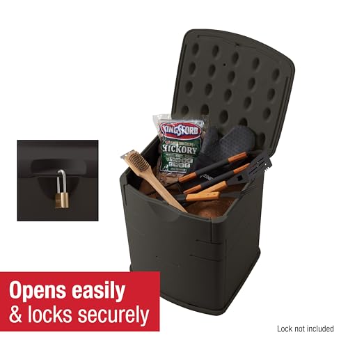 Rubbermaid Small Resin Outdoor Storage Deck Box (19 Gal) Weather Resistant Brown Deck Organization for Home/Small Garden Tools/Grilling Accessories/Pool Supplies