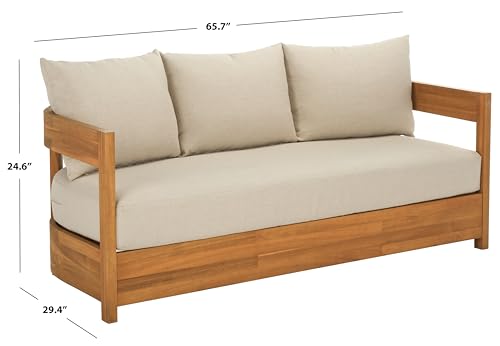 SAFAVIEH Outdoor - Kento 3-Seat Sofa - Natural & Taupe - Solid Wood with Cushion - Modern Slatted Round-Frame Design - Ideal for Patio, Deck, Porch, Backyard, 16" Seat Height (PAT7098A)