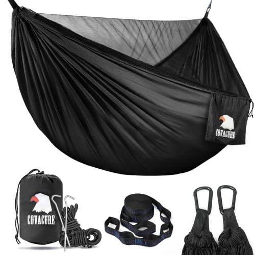 Covacure Camping Hammock - Lightweight Double Hammock, Hold Up to 772lbs, Portable Hammocks for Indoor, Outdoor, Hiking, Camping, Backpacking, Travel, Backyard, Beach (Black)