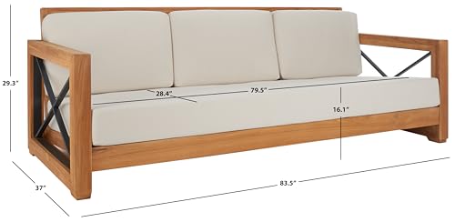 SAFAVIEH Couture Outdoor - Andros Sofa - Brown & Beige - Brazilian Teak Wood - Slatted Design with Removable Cushions - Ideal for Patio, Deck, Porch, Backyard, 16" Seat Height (CPT1010A)