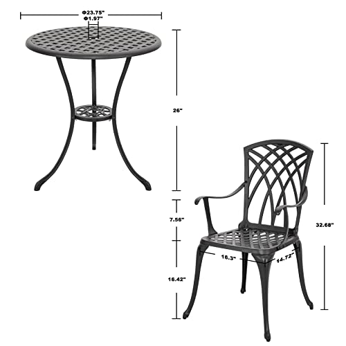 NUU GARDEN Patio Bistro Sets 3 Piece Cast Aluminum Bistro Table and Chairs Set with Umbrella Hole Bistro Set of 2 for Patio Backyard, Black