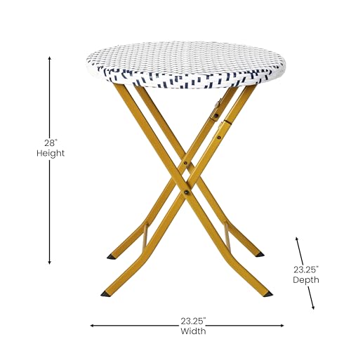 Flash Furniture Rouen Commercial Grade Folding Bistro Set, Indoor/Outdoor PE Rattan Table Top, Back and Seat, Natural Steel Frames, 3 Piece Set, Navy/White