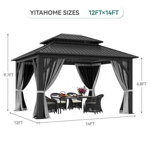 YITAHOME 12x14ft Hardtop Gazebo with Nettings and Curtains, Heavy Duty Double Roof Galvanized Steel Outdoor Combined of Vertical Stripes Roof for Patio, Backyard, Deck, Lawns, Gray