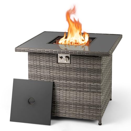Tangkula 32.5 Inch Propane Fire Pit Table, Outdoor Rattan Gas Firepit with Tempered Glass Tabletop & Stainless Steel Burner, Square Fire Pit with Lava Rocks & Protective Cover for Outside Patio