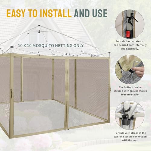 CROWN SHADES Gazebo Mosquito Net Only for 10 x 10 Pop Up Canopy - Patio Gazebo Replacement Mesh Sidewall with Zipper for Outdoor Tent, Garden and Backyard (4-Piece,Khaki)