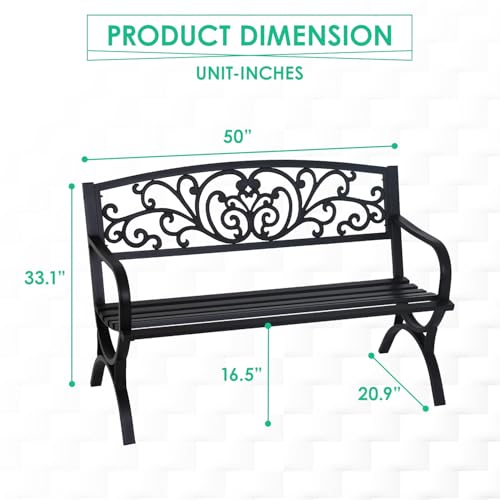 FDW Outdoor 50 Inches Garden Bench, Slatted Seat Armrests Floral Design Backres and Arch Legs, Perfect for Park, Yard, Porch, Lawn, Balcony, Backyard, Black