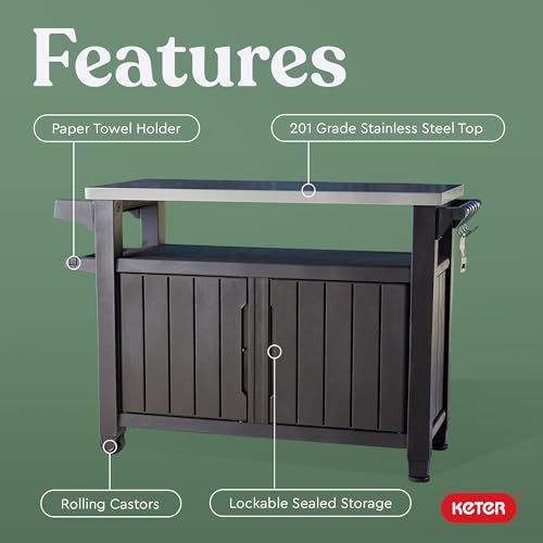 Keter Outdoor Rolling Table Cart for Food Prep, Storage, Bar & Grill, Dark Brown - Portable Kitchen Island Tabletop with Wheels for Drinks, Snacks, and Cooking
