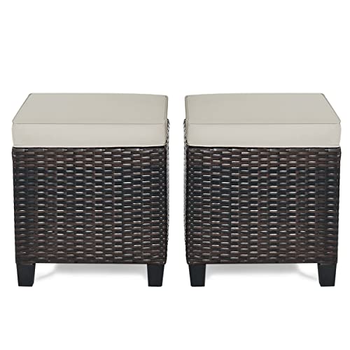 RELAX4LIFE 2-Piece Patio Ottoman Set - Wicker Footstools, All Weather PE Rattan Ottoman with Removable Cushions, Square Footrest Seat, Outdoor Stools for Garden, Porch, Pouf Ottoman (Brown)