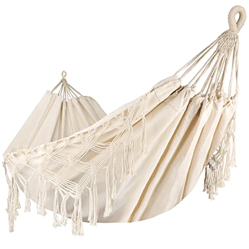 Bellzacasa Double Hammock, Heavy Duty 500 lb Load Capacity Tassels and Fishtail Knitting Portable Camping Hammocks with Mounting Straps for Outdoor Camping Patio Balcony Beige