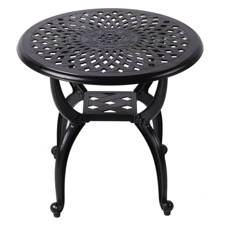 WILOUNGE Cast Aluminum Outdoor Side Table,Small Patio Table,Outdoor Coffee Tables for Patio,Garden,Balcony, for All Weather (Black, Round)
