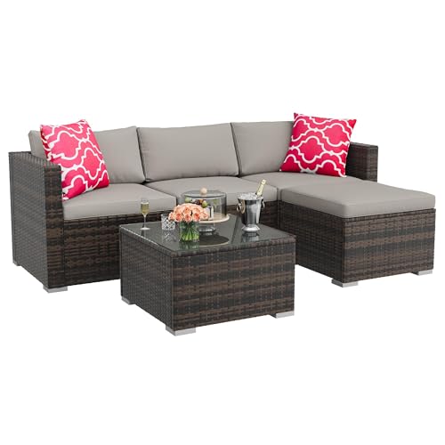 MilleLoom 5-Piece Outdoor Sectional Sofa Set, All-Weather PE Rattan Patio Furniture with Ottoman & Tempered Glass Table, Convertible Garden Couch for Backyard, Porch, Poolside (Brown/Light Gray)