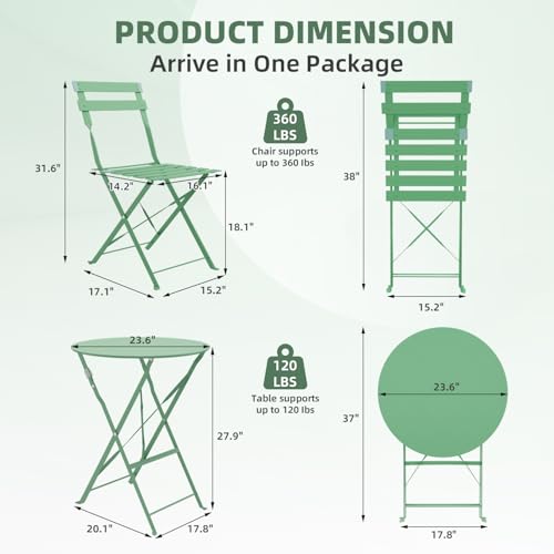 DSNAPE 3-Piece Folding Bistro Set, 2 Chairs and 1 Coffee Table, Space Saving Weather-Resistant Frame, Portable Indoor/Outdoor Patio Furniture Conversation Set for Garden Porch Balcony Deck - Green