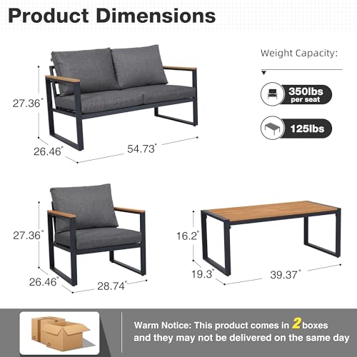 COMLAX FIELD Patio Furniture Set, 4 Pieces Outdoor Patio Furniture with Coffee Table Set, Metal Patio Conversation Sets with Washable and High-Resiliency Sponge Cushions,Upgarded Grey