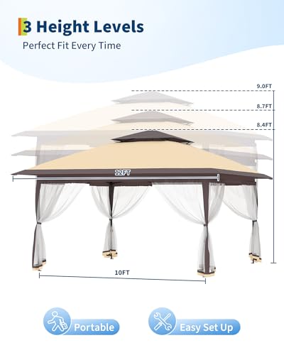 Garvee 12x12FT Pop Up Gazebo with Mosquito Netting, Outdoor Canopy Tent Easy Setup for Backyard Patio Garden Deck, Khaki & Coffee