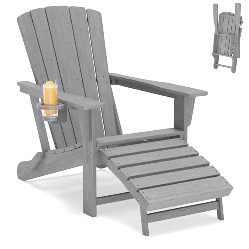 Polyhouz Folding Adirondack Chair with Retractable Ottoman,HDPE Outdoor Adirondack Chair with Cup Holder,All-Weather Lounge Chairs for Outside,Patio,Pool,Fire Pit,Grey