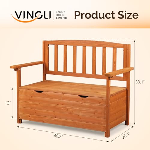 VINGLI Outdoor Storage Bench, Large Wood Deck Box with Seating, Weatherproof Outdoor Bench with Storage Loveseat, 2-Person Wooden Patio Bench for Entryway, Backyard, Garden