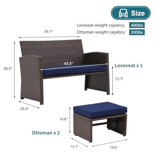 OC Orange-Casual Outdoor Loveseat 3 Piece Patio Furniture Set Outdoor Conversation Set All-Weather Wicker Love Seat with Ottoman/Side Table, Brown Rattan, Blue