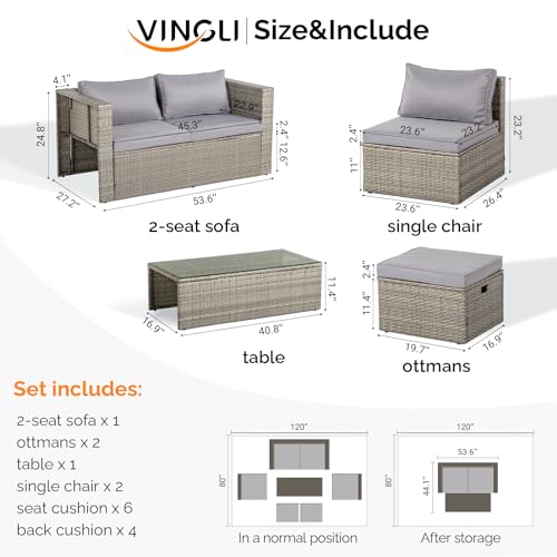 VINGLI 6 Pieces Wicker Patio Furniture Set, Outdoor Sectional Furniture Patio Conversation Set Space-Saving Design with Ottomans and Coffee Table for Garden,Poolside, Backyard(Grey)