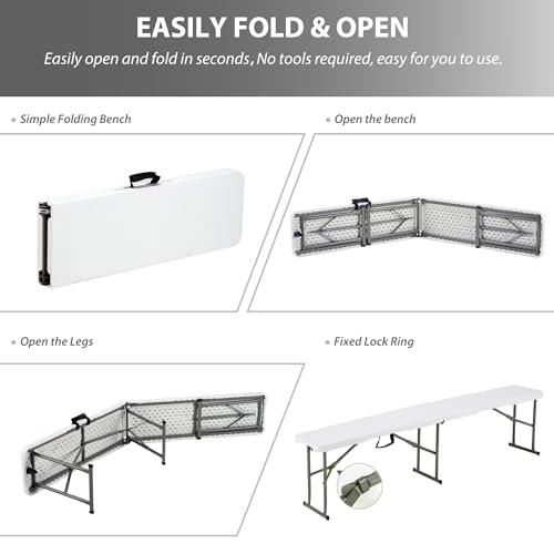 Candockway 6ft Plastic Folding Bench with Carrying Handle & Lock, Portable Outdoor Bench in Garden Picnic Camping Dining Party Seat, Waterproof Bench for Soccer Activities, Firm and Durable (2Pack C)