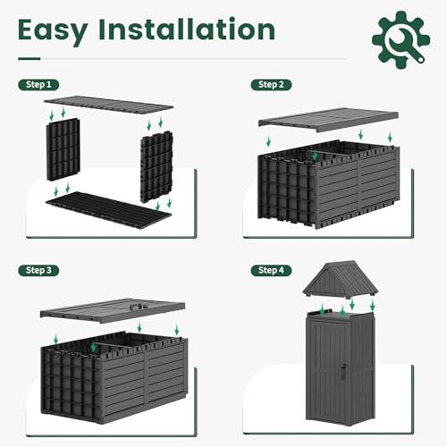 Bifanuo Deck Box Storage Shed Outdoor Storage Cabinet, Vertical Waterproof Resin Material Plastic Shed with Removable Shelves, 12 Hooks and Lock Ring for Garden, Pool and Patio (Black)
