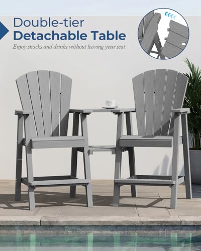 Ciokea Tall Adirondack Chairs Set of 2, HDPE Outdoor Adirondack Bar Stools with Double Connecting Tray, Weather Resistant High Back Adirondack Balcony Chairs for Deck, Lawn, Pool, Backyard, Grey