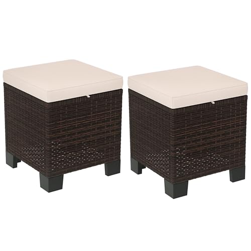 Outsunny 2 Pieces Outdoor Patio Ottomans, All Weather Wicker Footstools with Removable Cushions, 3-in-1 PE Rattan Ottoman Seat, Footrest and Side Table for Backyard, Poolside, Cream White
