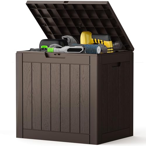 NEWBULIG 31 Gallon Outdoor Storage Box, Waterproof Deck Box with Lockable Lid, Patio Furniture Bench & Side Table, Easy Assembly, for Garden, Pool, Patio & Backyard Organization, Brown