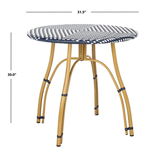 SAFAVIEH Outdoor - Kylie Bistro Side Table - Navy & White - Faux Wicker & Aluminum Frame - Parisian Round Bistro Design - Ideal for Patio, Deck, Sunroom, Dining Area, 31.5"W x 31.5"D x 30"H (PAT4011A)