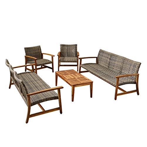 Christopher Knight Home Hamptom Outdoor 5 Piece Acacia Wood and Wicker Sofa Conversation Set, Gray