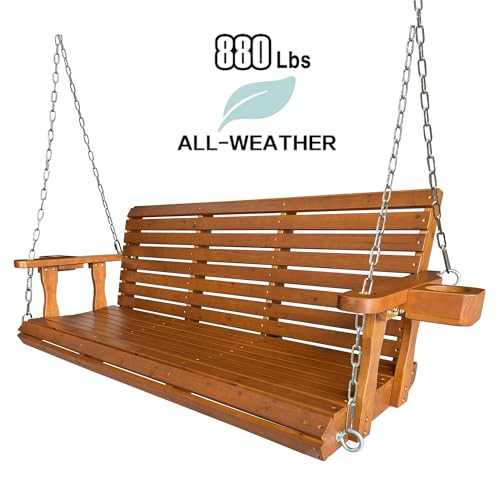 Wooden Porch Swing 3-Seater, Bench Swing with Cupholders, Hanging Chains and 7mm Springs, Heavy Duty 800 LBS, for Outdoor Patio Garden (Warm Teak Color, 5 FT Extra Large)