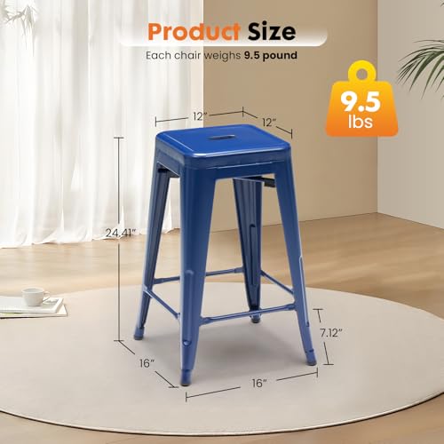 DUMOS Metal Bar Stools Set of 4, 24in Stackable Counter Height Bar Stools, Backless Restaurant Chairs for Kitchen Island, Indoor Outdoor Use, Classic Trattoria Barstools for Dining Room, Blue