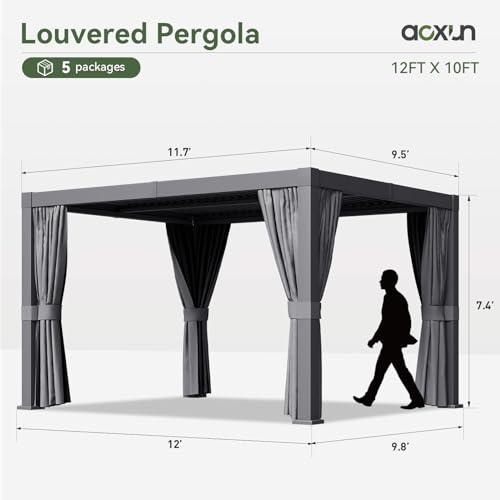 Aoxun Louvered Pergola 10x12 All-Aluminum Outdoor Gazebo with Independent Adjustable Roofs, Waterproof Curtains and Netting, Integrated Drainage System for Patios & Backyard